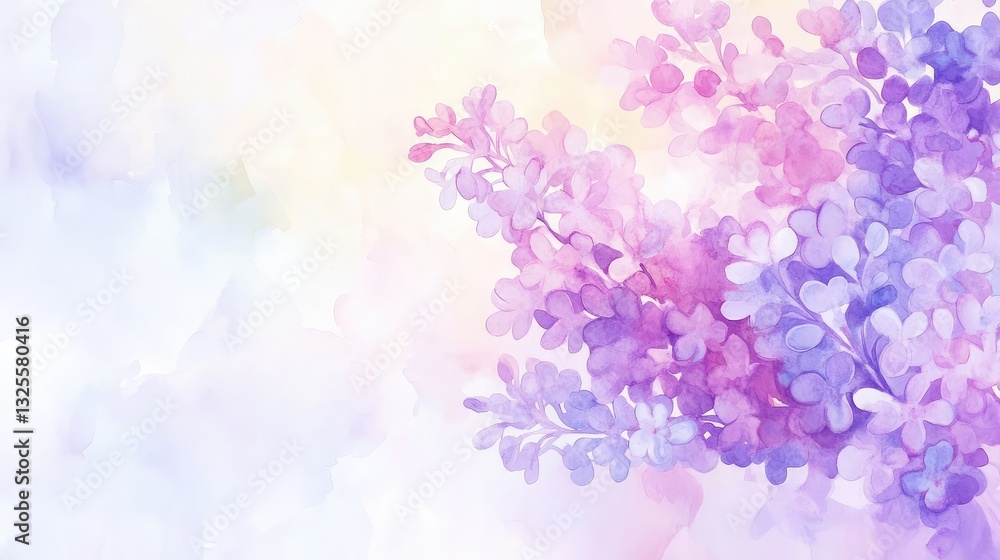 Naklejka premium Dreamy Watercolor Lilac Flower Painting with Soft Pastel Tones, Delicate Brush Strokes, and an Ethereal Misty Atmosphere