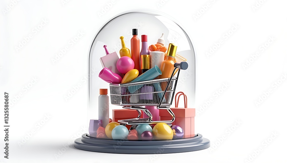 Fototapeta premium A simple 3D render of a shopping cart filled with goods inside a glass dome, symbolizing consumerism and materialism, placed on a plain white background.