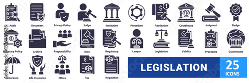 Legislation icon set. with icon audit, document, privacy policy, judge, institution, procedure, retribution, courthouse, judgment, badge, monetary policy, archive, responsibility, rule, regulatory 