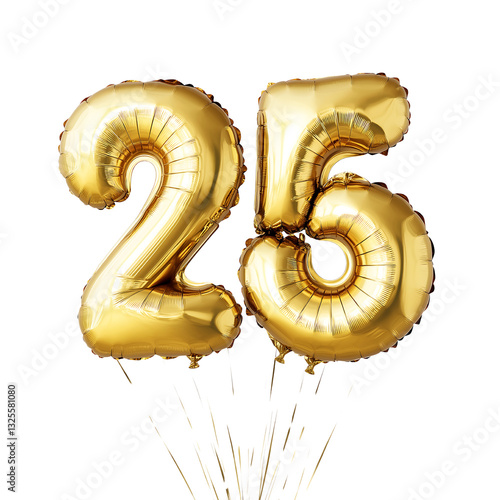 Number Twenty-five Shaped Golden Balloons, Perfect for Anniversary or Birthday, on a Transparent Background