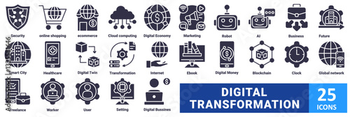 Digital transformation icon set. with icon Security, Online Shopping, Ecommerce, Cloud Computing, Digital Economy, Marketing, Robot, AI, Business, Future, Smart City, Healthcare, Digital Twin 