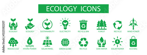 Ecology icon set. Environment, sustainability, nature, recycle, renewable energy; electric bike, eco-friendly, forest, wind power, green symbol. Solid icons vector collection.