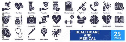 Healthcare and Medical icon set with icon Healthcare, Heart Rate, Blood Tube, Protection, Medicine, Medical Record, Syringe, Phone Call, Vaccination, Calendar, Shield, Drug, First aid kit, Care, 