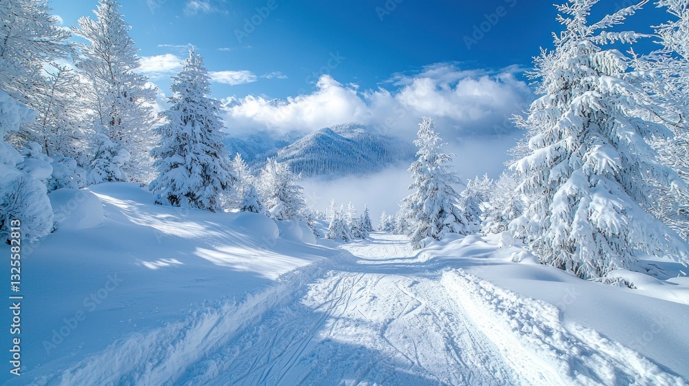 Fototapeta premium Snowy mountain path through snow-covered pine trees.