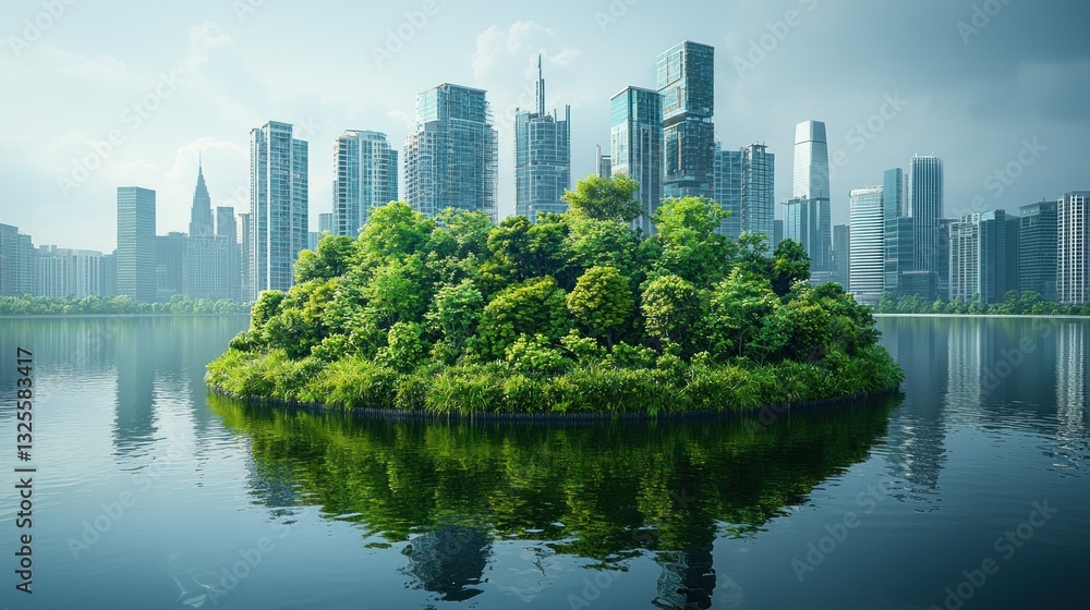 Fototapeta premium Lush green island in a calm lake with a modern city skyline in the background.