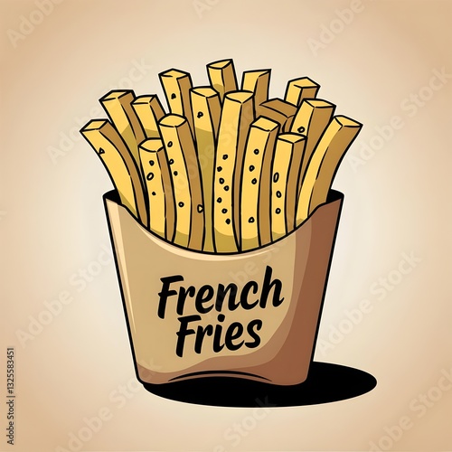 French fries/potato chips in labeled brown cardboard isolated.