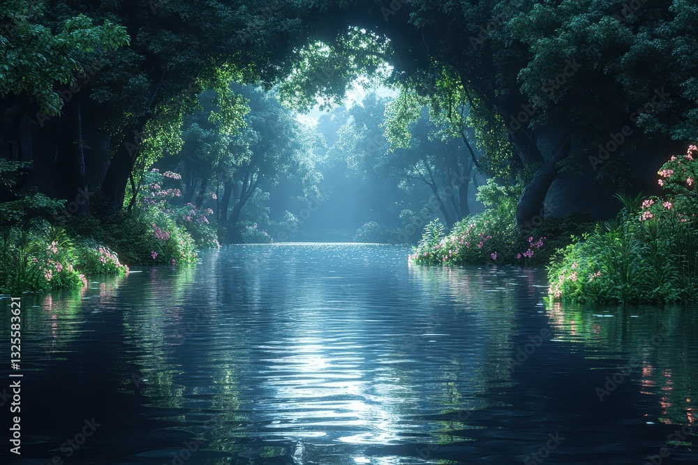 Obraz premium Tranquil forest river surrounded by lush greenery and vibrant flowers at dawn