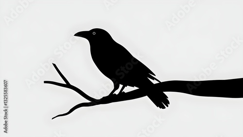 Silhouette of a crow standing on branch.
