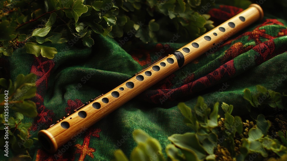 Fototapeta premium Bamboo flute resting on fabric, surrounded by foliage