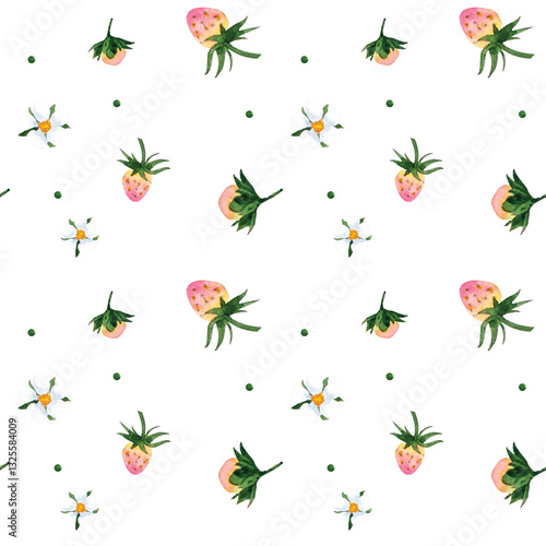 Wallpaper Mural Watercolor seamless pattern of strawberry and flower, isolated on a white background, seasonal strawberry wallpaper, cute design for fabric, interior decoration, wrapping paper print and textile. Torontodigital.ca