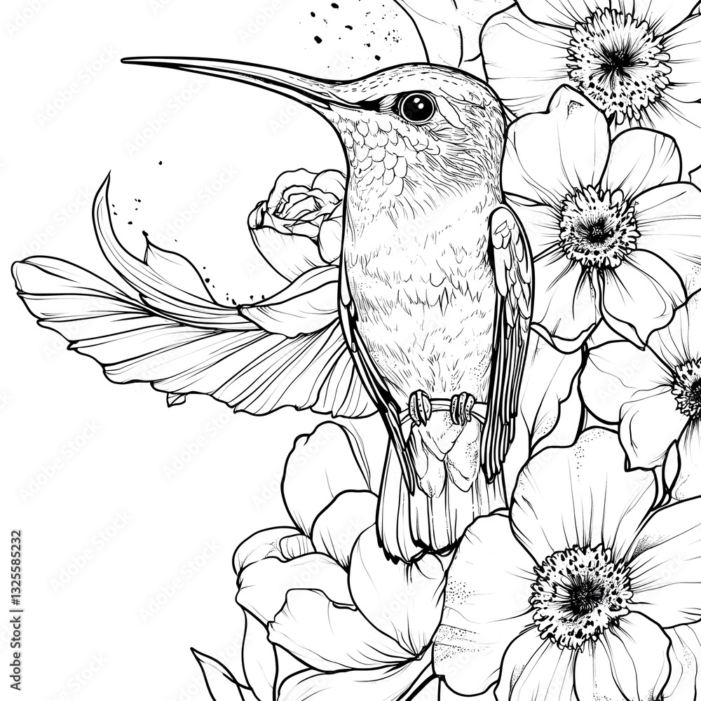 Obraz premium Hummingbird is perched on a flower. The bird is surrounded by pink flowers, which give the image a soft and delicate feel. The bird's wings are spread wide, suggesting a sense of freedom
