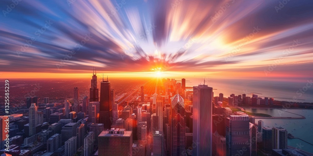 Fototapeta premium Chicago Skyline at Sunrise: A Stunning Cityscape
