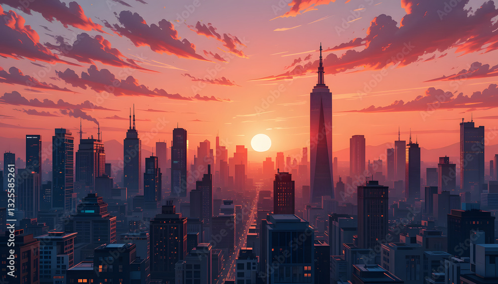 Fototapeta premium illustration of a modern city with high rise buildings