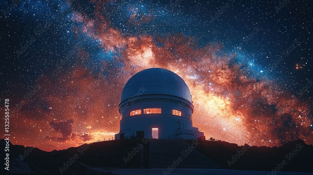 Observatory dome under a vibrant Milky Way galaxy at night. Observatory dome under a vibrant Milky Way galaxy at night.
