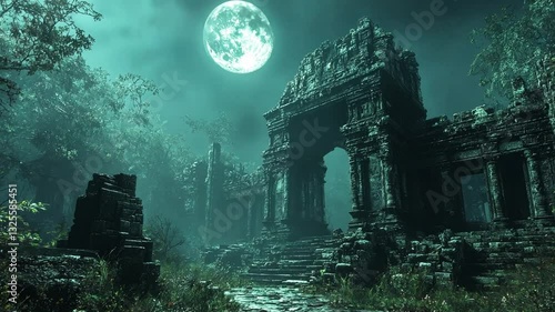 Mysterious ancient ruins under a full moon