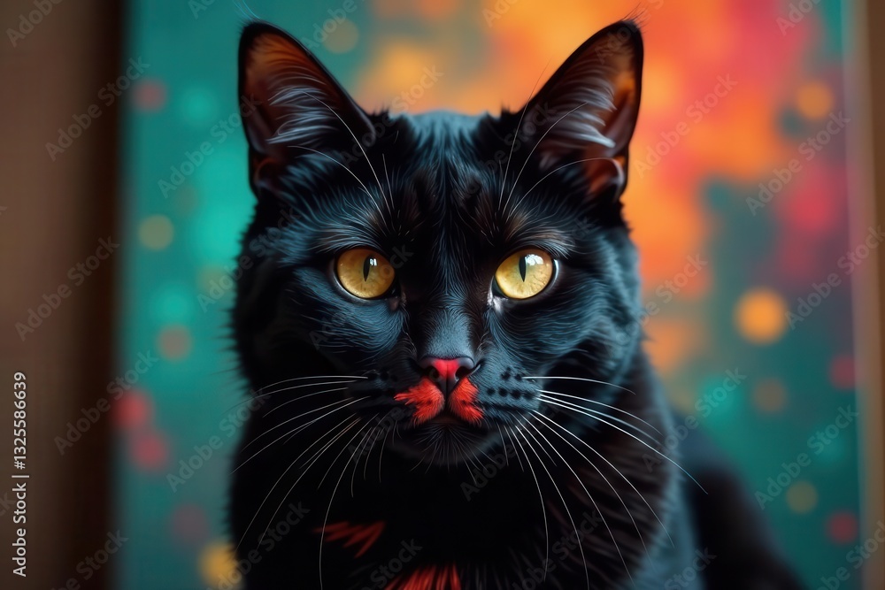 A captivating portrait of a sleek black feline with striking golden eyes, framed against a vibrant abstract backdrop. A captivating portrait of a sleek black feline with striking golden eyes, framed against a vibrant abstract backdrop.