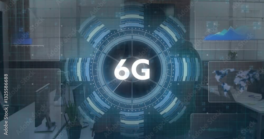 Animation of 6G technology with futuristic interface and digital data visualization Animation of 6G technology with futuristic interface and digital data visualization