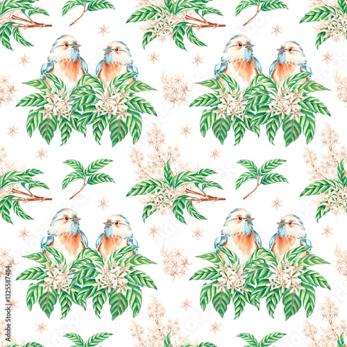 Birds on branch with green leaves and white flowers. Spring seamless pattern. Small blue songbirds. Hand drawn watercolor illustration. Tropical template background for wallpaper, textile, packaging.
