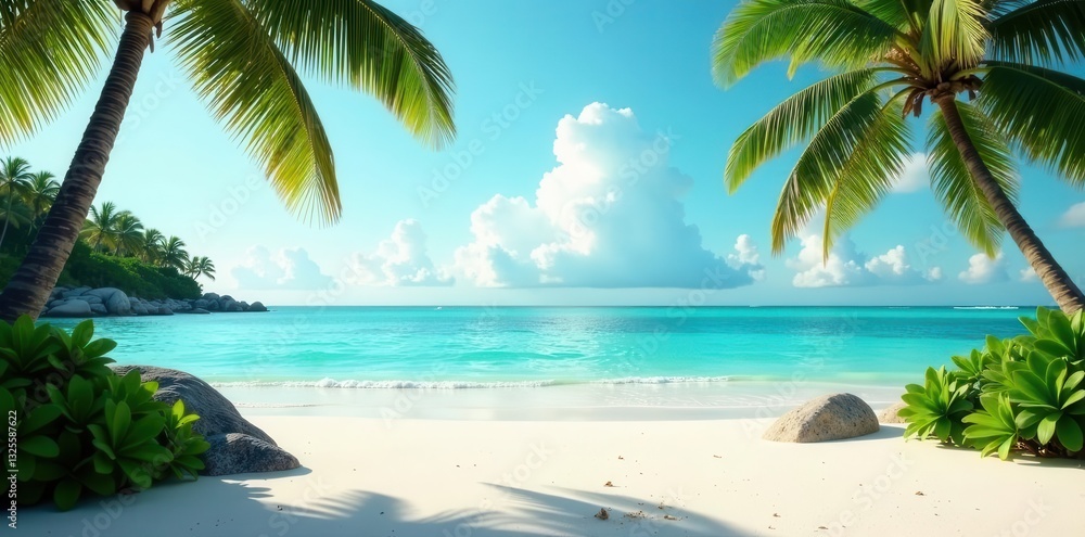 Fototapeta premium Serene Tropical Beach Scene Azure Waters, White Sand, and Lush Palm Trees Under a Sunny Sky