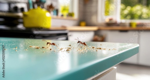 Ants Crawling on Kitchen Countertop Surrounded by Crumbs and Debris