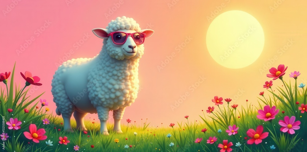 A fluffy sheep wearing stylish sunglasses enjoys a tranquil sunset in a vibrant meadow filled with colorful wildflowers. A fluffy sheep wearing stylish sunglasses enjoys a tranquil sunset in a vibrant meadow filled with colorful wildflowers.