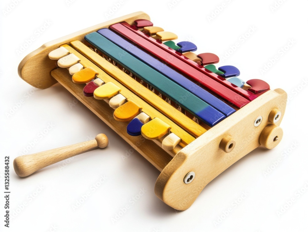 Fototapeta premium Wooden baby xylophone with multicolored keys and mallet on a clean white background