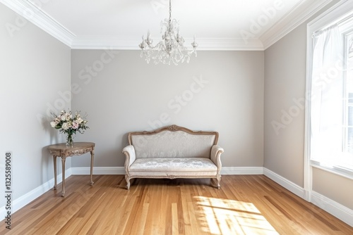 Elegant room interior with antique sofa, chandelier, and floral arrangement.