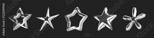 Y2k 3d chrome halftone stars shape retro abstract elements vector illustration set. Chrome silver 3d metallic halftone semitone retro effect collection. Y2k space various star retro futuristic shapes.