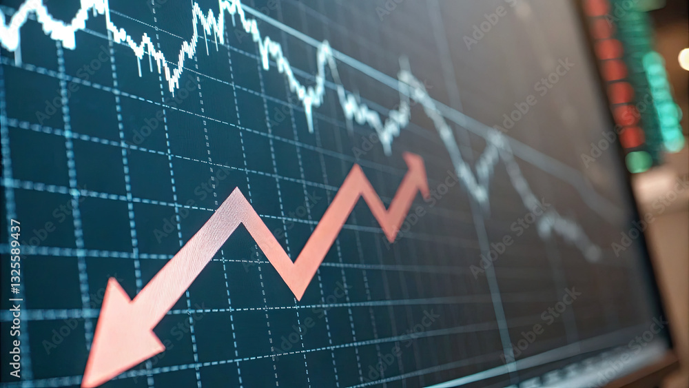 Close-up of a downward arrow graph on a digital screen symbolizing financial loss, with stock charts in the background, representing economic decline and market downturn. Close-up of a downward arrow graph on a digital screen symbolizing financial loss, with stock charts in the background, representing economic decline and market downturn.