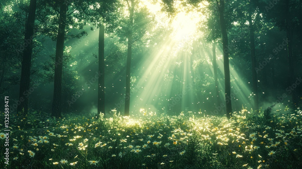 Obraz premium Sunbeams illuminate a mystical forest clearing with wildflowers.