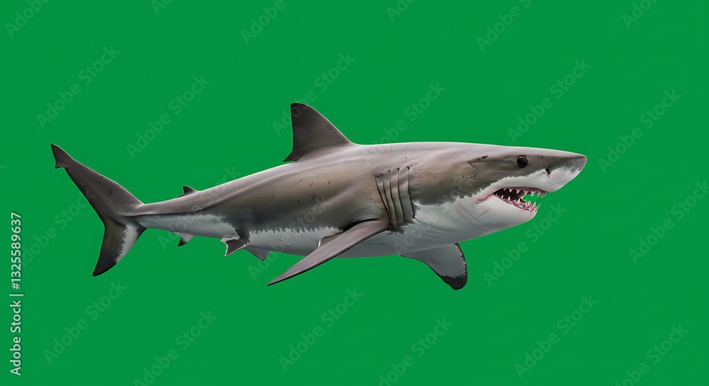 Obraz premium Great White Shark Swimming Aggressively on Green Screen Ready for Compositing
