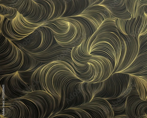 Abstract swirling waves in monochrome gold, seamless vector pattern for textile and wallpaper design