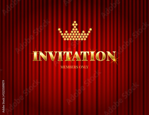 VIP invitation with red draped curtains and crown. Premium vector background for club, casino, party, award, events, spa, lounge