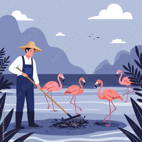 Farmer Raking Lakeweed with Pink Flamingos Cartoon Illustration Vector