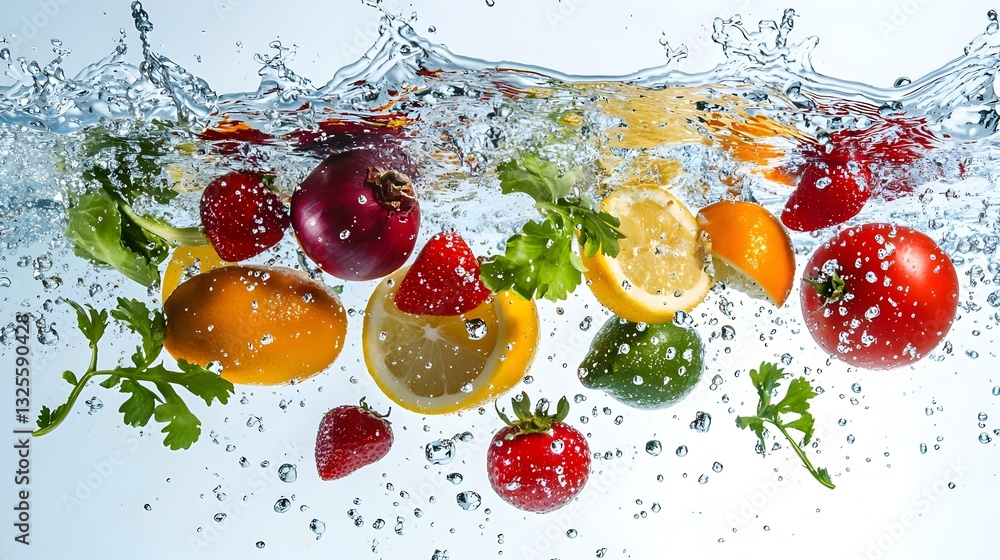Fresh fruits and vegetables splashing in blue Fresh fruits and vegetables splashing in blue