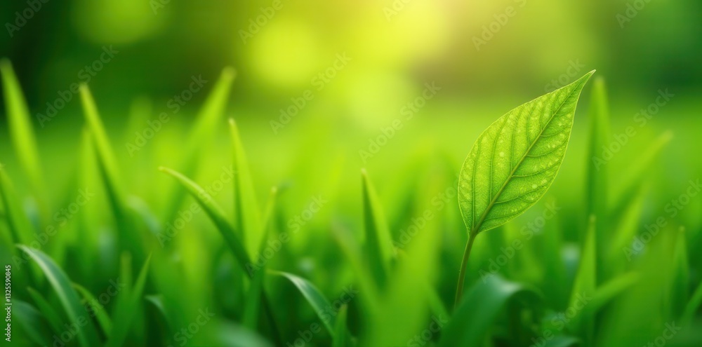 A single vibrant green leaf emerges from lush greenery, bathed in soft sunlight, symbolizing growth and renewal in nature's embrace.