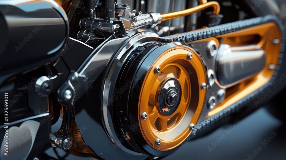 Obraz premium Close-up of a futuristic motorcycle engine with orange accents
