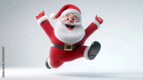Playful Santa Claus 3D design, traditional red outfit, matching red hat, smiling mid-jump, white background