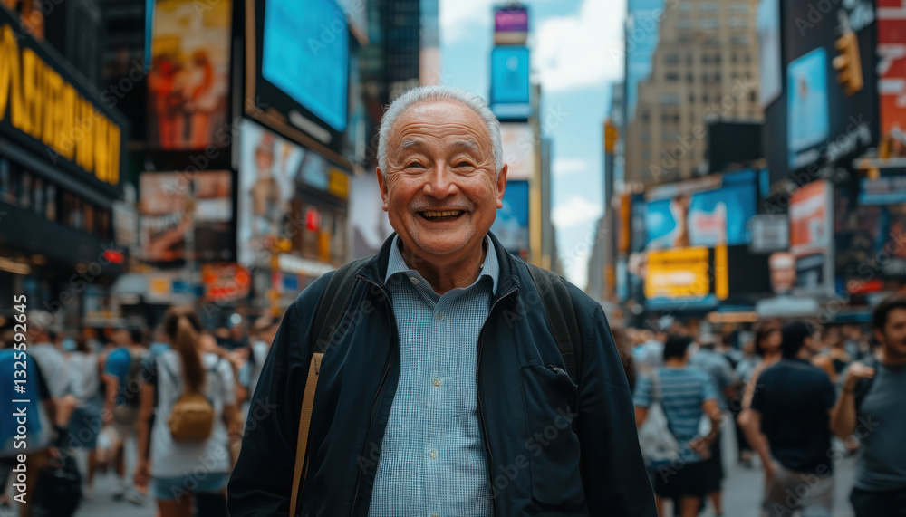 Man smiles in Times Square