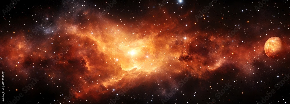 Fototapeta premium A space explorer floating in front of a massive, glowing nebula, with distant stars and planets in the background