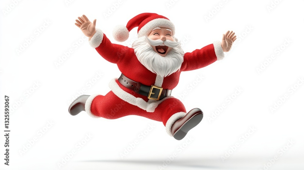 Santa Claus 3D animated figure, red costume, red hat, leaping happily, cheerful smile, white background Santa Claus 3D animated figure, red costume, red hat, leaping happily, cheerful smile, white background