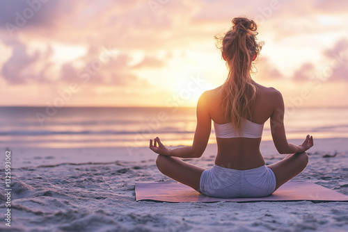 Peaceful Young Woman Practicing Yoga on the Beach at Sunrise