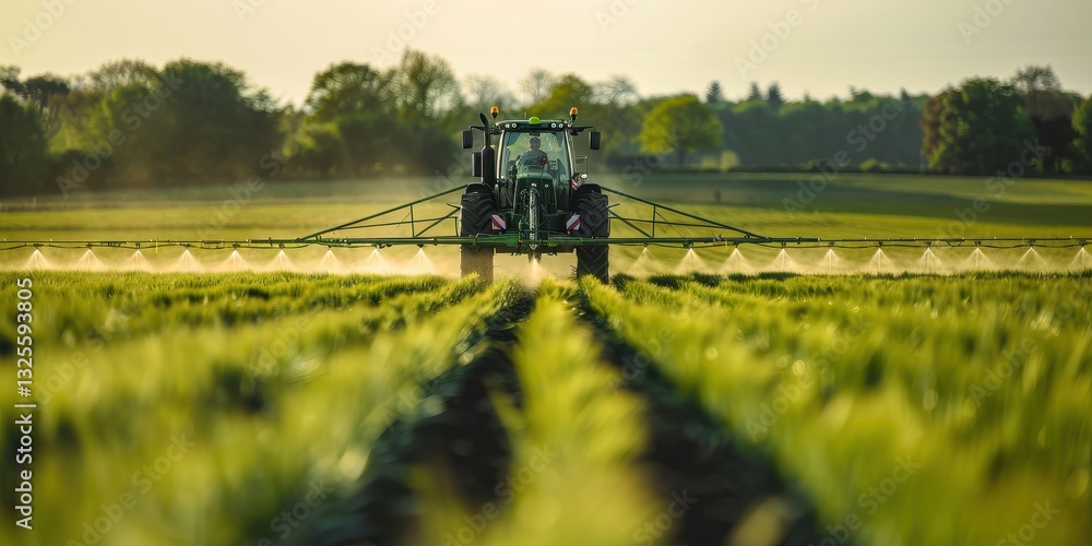 Farm Tractor Spraying Crops in a Lush Field Farm Tractor Spraying Crops in a Lush Field