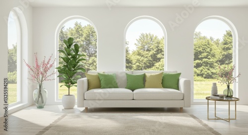 Bright modern living room, large arched windows, white brick walls, natural light, minimalist white sofa, green throw pillows, potted fiddle leaf fig tree, pink floral arrangement, hardwood floors, ai
