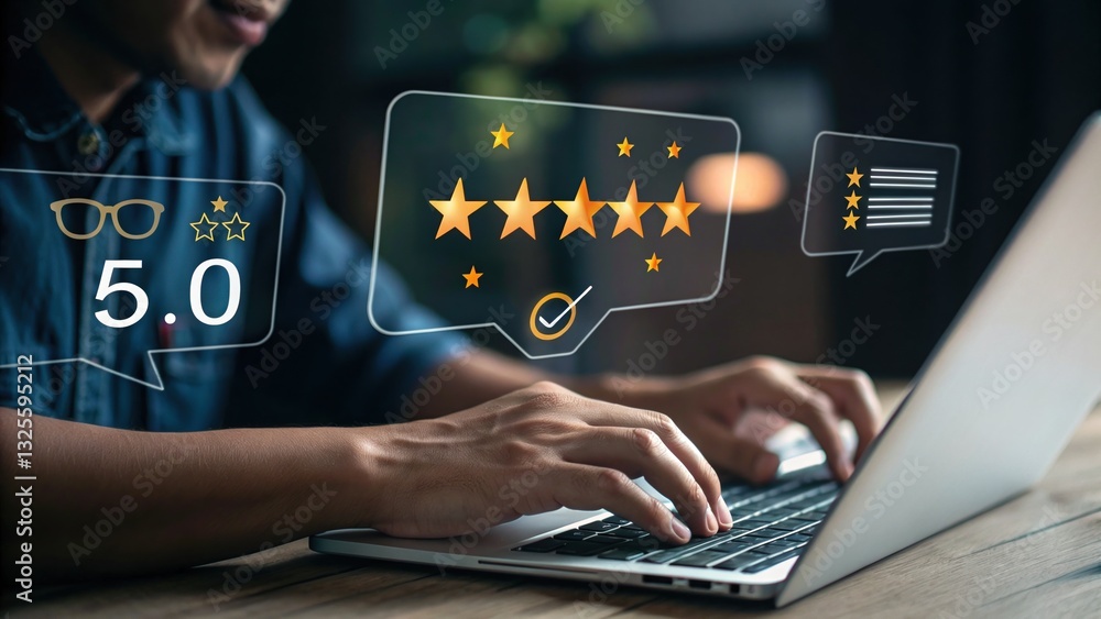 Naklejka premium Customer feedback and Service: A person provides a positive rating, expressing satisfaction and the value of product through a user interface with star icons on a laptop.