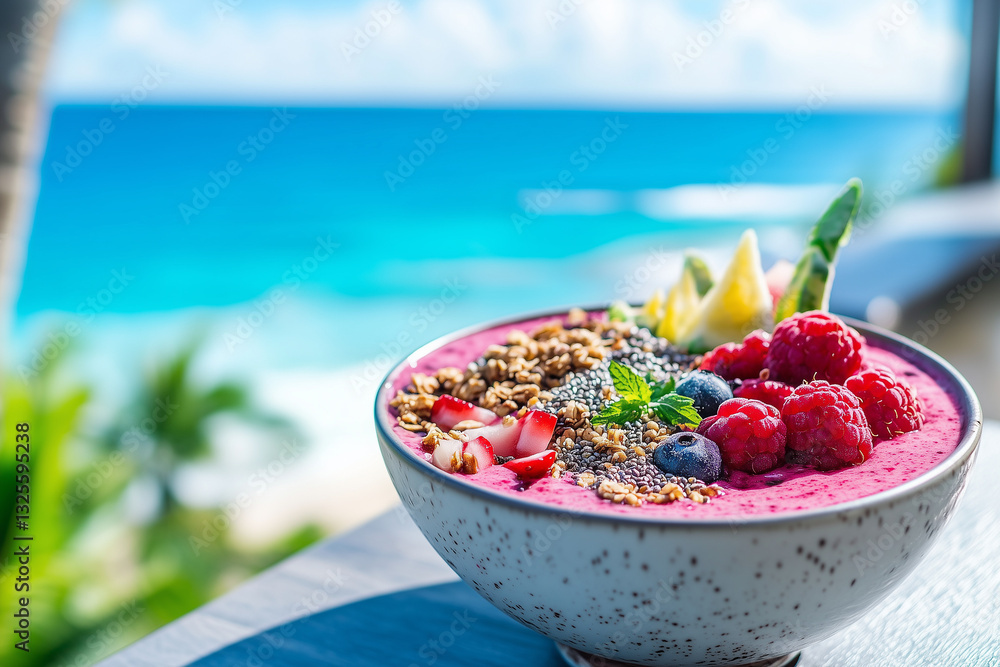 Healthy smoothie bowl with fresh berries, granola, and tropical fruit on a beachside table Healthy smoothie bowl with fresh berries, granola, and tropical fruit on a beachside table