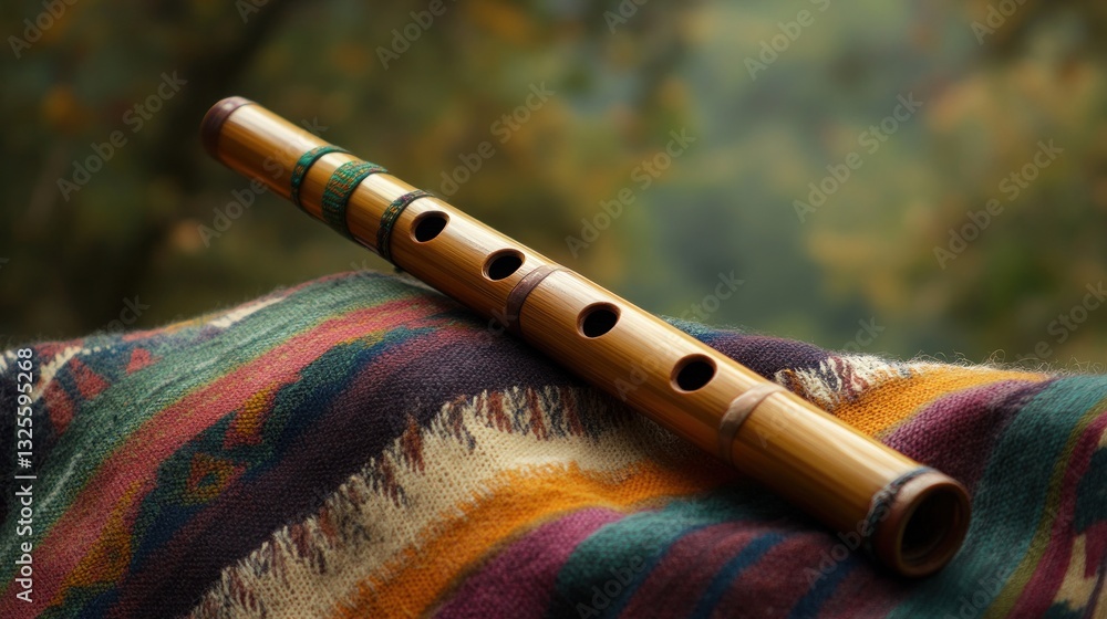 Naklejka premium Handcrafted bamboo flute resting on a colorful blanket