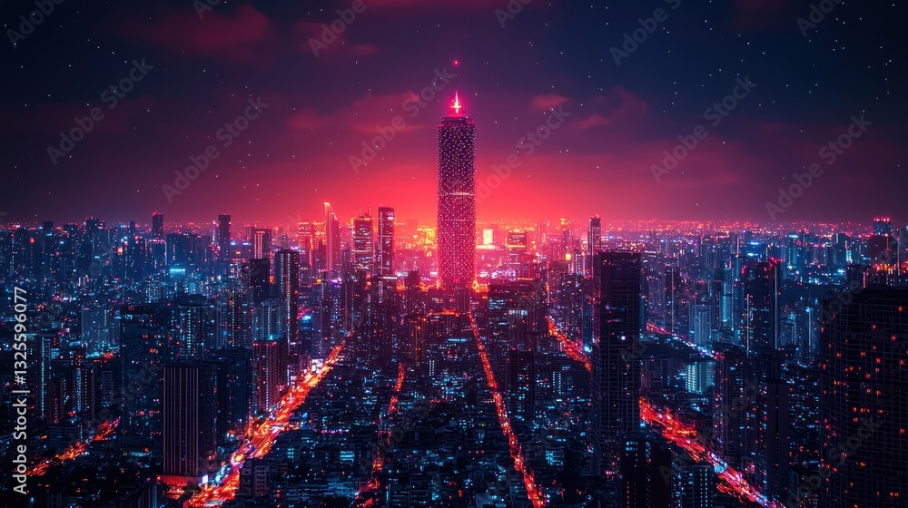 Fototapeta premium Night cityscape with skyscraper illuminated in red.