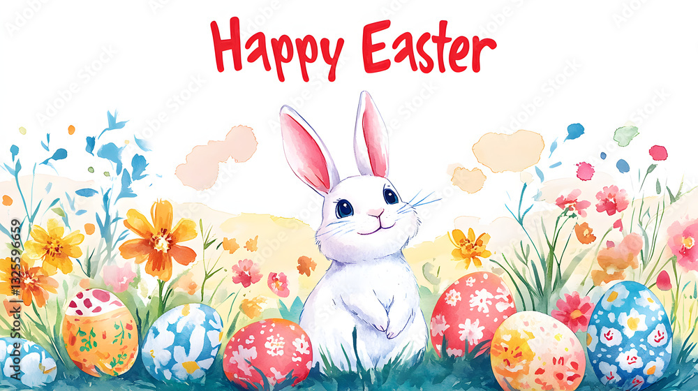 Obraz premium easter, bunny, rabbit, egg, spring, eggs, holiday, illustration, cartoon, grass, card, vector, cute, animal, easter bunny, flower, flowers, happy, celebration, sky, easter egg, nature, decoration, har