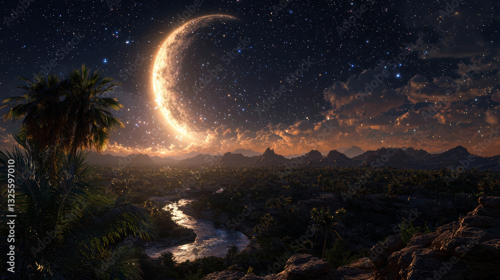 Fototapeta premium A serene, moonlit landscape reveals a crescent moon hanging in a starry sky over rugged mountains and a reflective river.